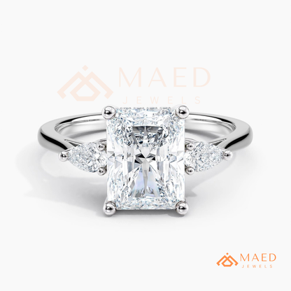 Radiant Cut Engagement Ring with Pear Side Stones | 14k Gold, Rose Gold & Silver