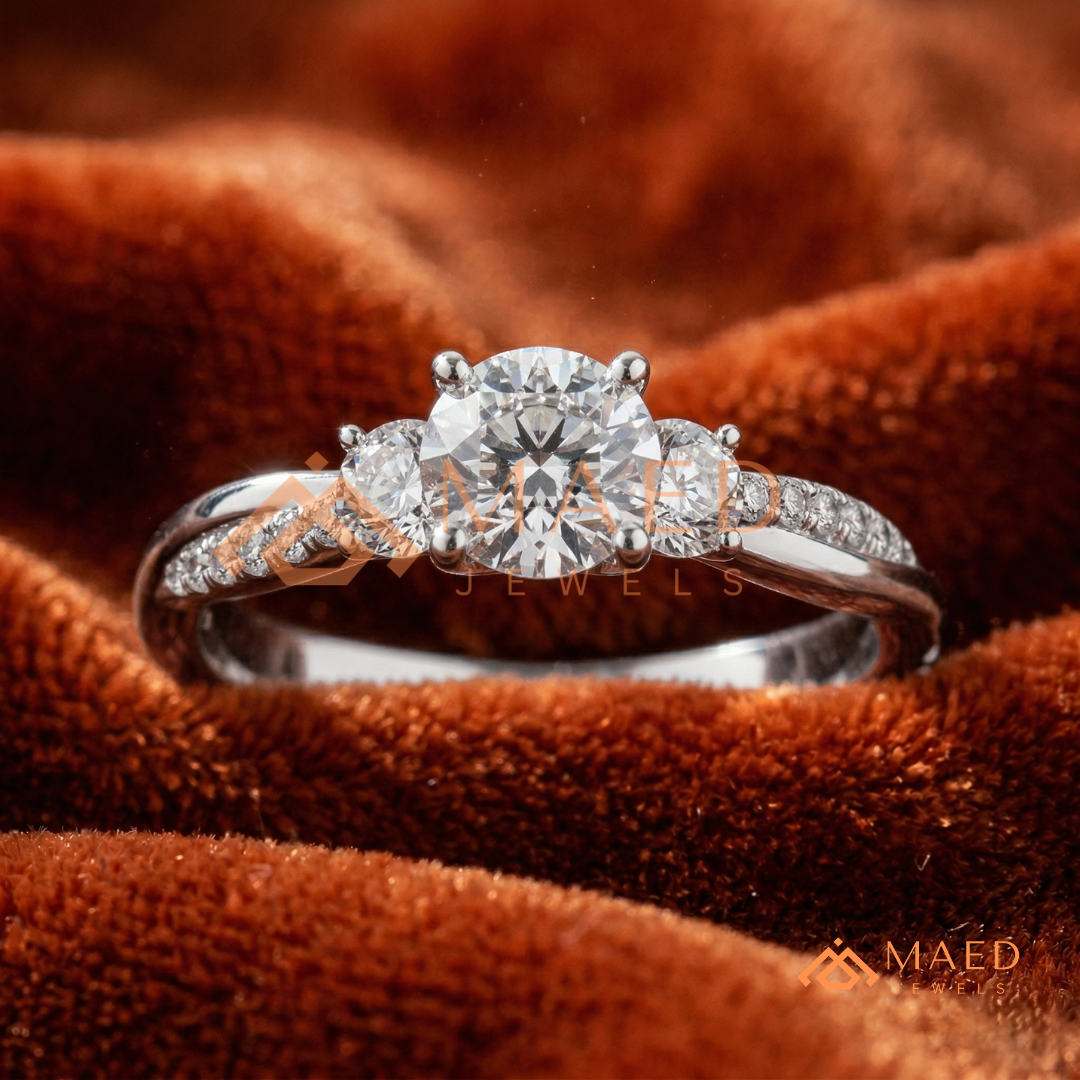 Classic 3-Stone Twisted Pavé Diamond Simulant Ring in Gold, Rose Gold & Silver