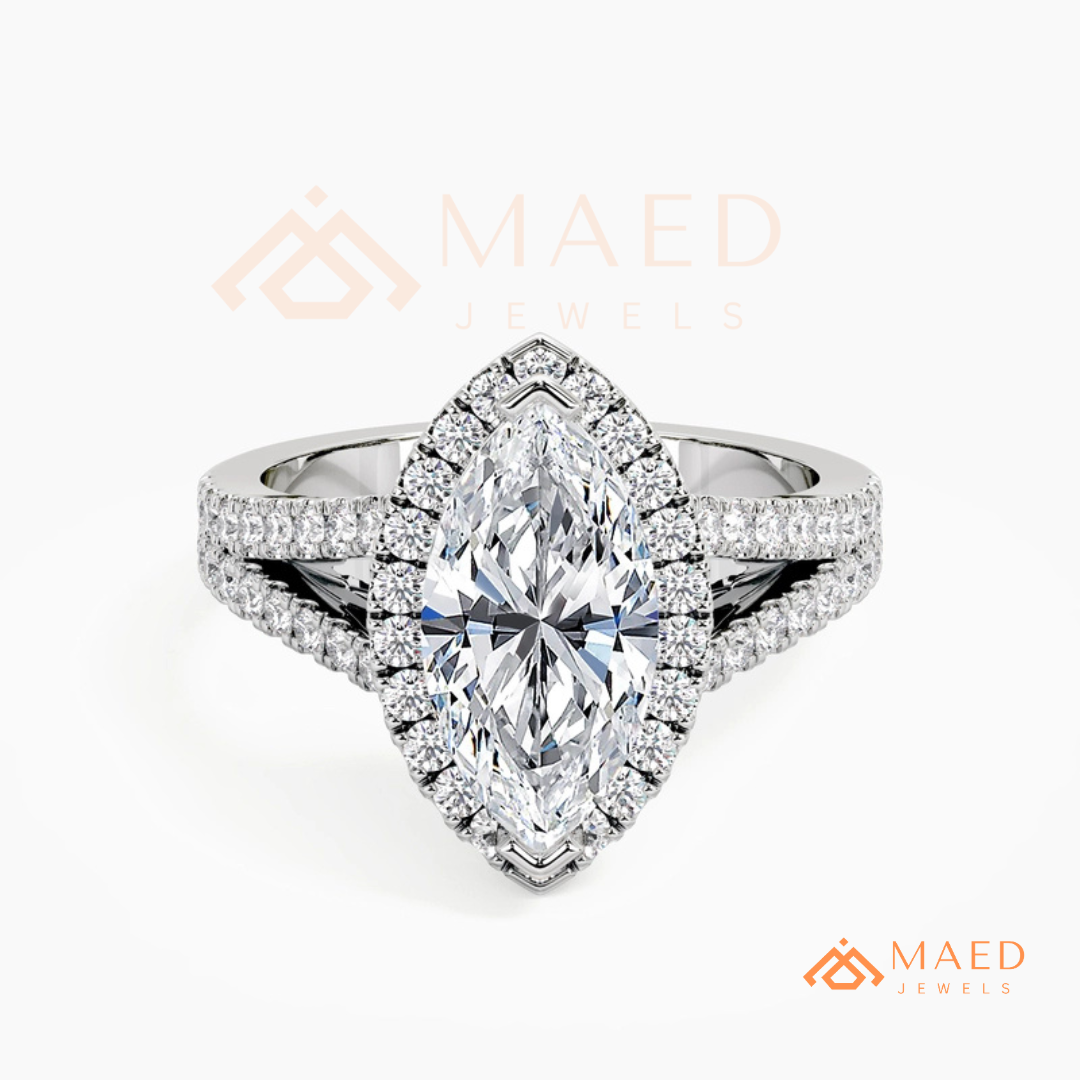 Marquise Cut Halo Engagement Ring | Split Shank Pave Band in 14K Gold & Silver