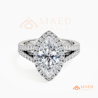 Marquise Cut Halo Engagement Ring | Split Shank Pave Band in 14K Gold & Silver