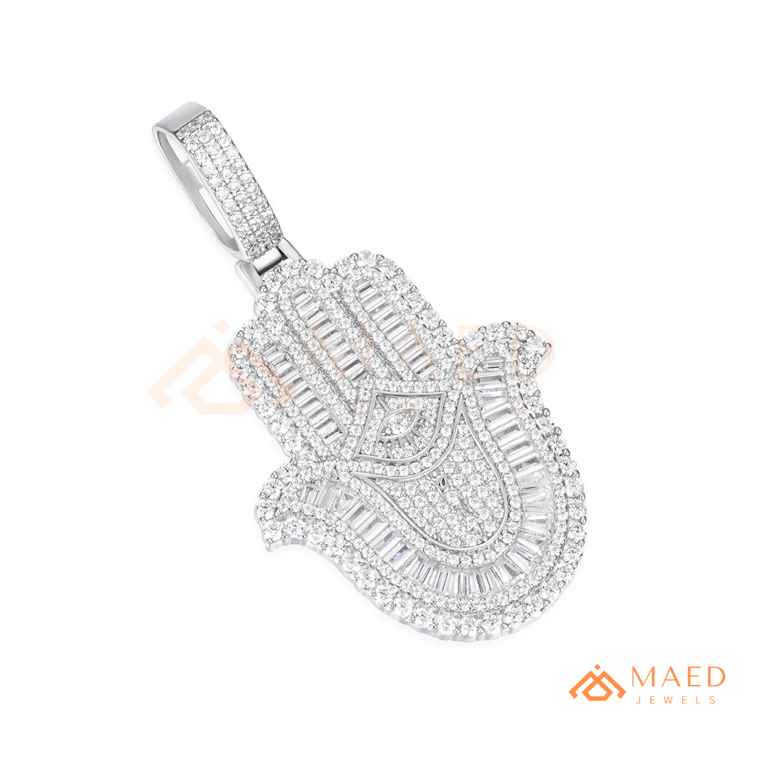 Iced-Out Hamsa Hand Pendant with Star of David & Menorah – Premium Micro-Pave Finish