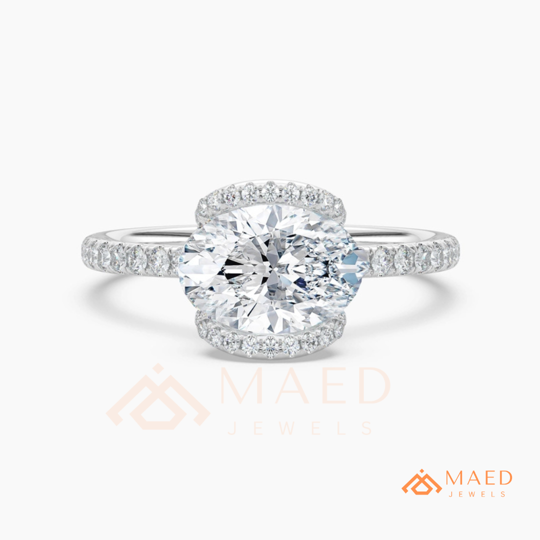 East-West Oval Cut Partial Halo Engagement Ring | 14k Gold, Rose Gold & Sterling Silver Shimmering Accented Band