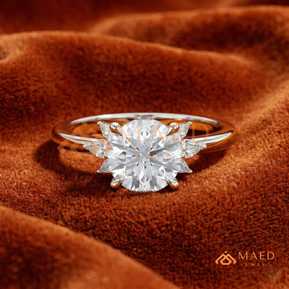Round Brilliant Cut Ring with Marquise Floral Cluster | 14k Gold, Rose Gold & Silver