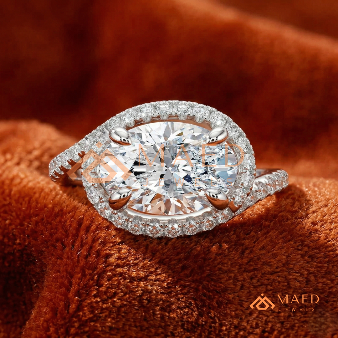 East-West Oval Cut Halo Engagement Ring | Bypass Pavé Band in 14K Gold, Rose Gold & Sterling Silver