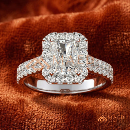 Radiant Cut Halo Engagement Ring with Pavé Band – Sterling Silver, 14K Gold, or 14K Rose Gold
