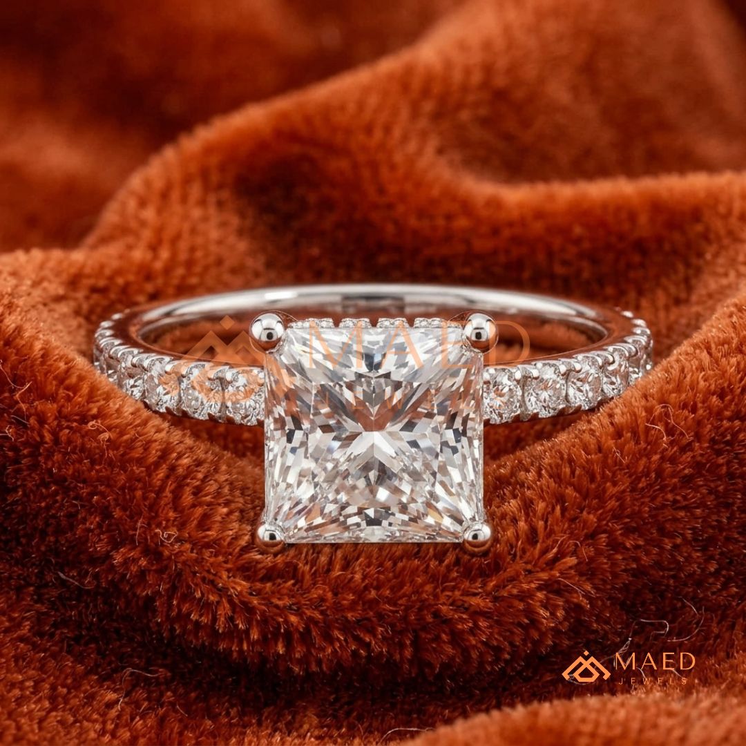 Classic Princess Cut Solitaire Engagement Ring with Hidden Halo and Pave Band in Silver, 14K Gold & Rose Gold