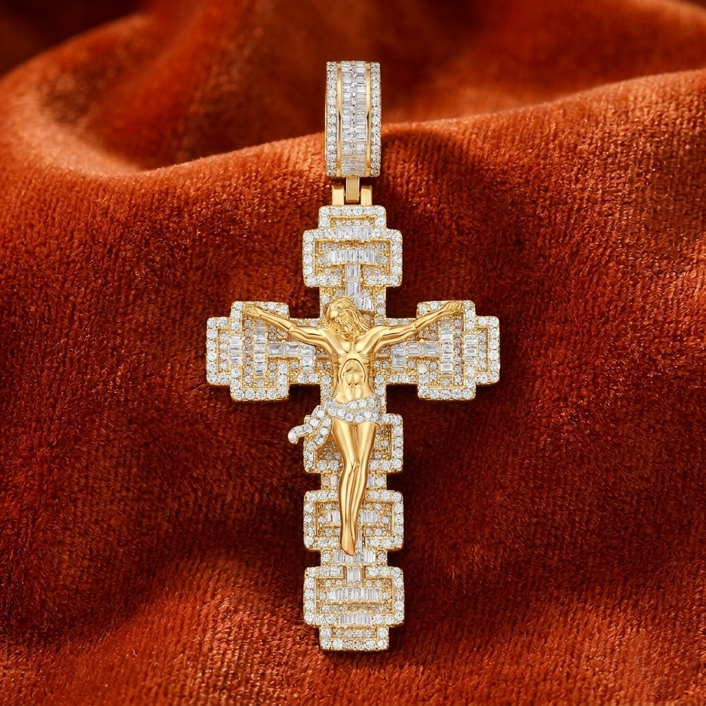 Crucifix Cross Pendant – Baguette & Micro Pave Hip Hop Necklace