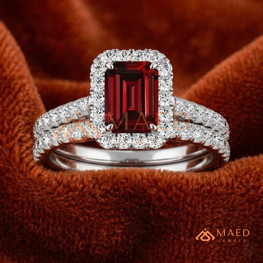 Vintage Emerald Cut Garnet Engagement Ring Set – Pavé Diamond Halo Band