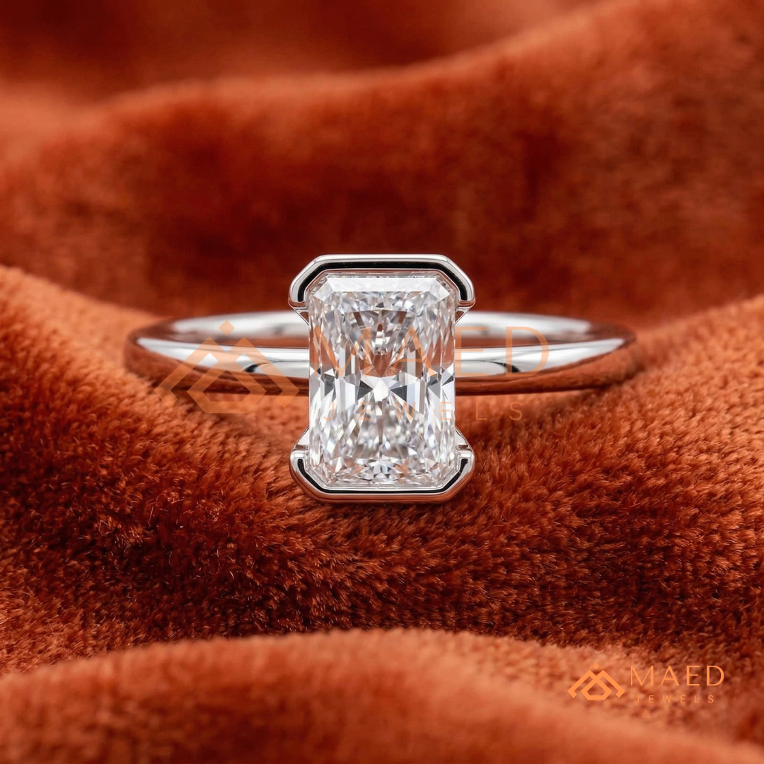The Rowan Radiant Half-Bezel Engagement Ring – Silver, 14K Yellow & Rose Gold