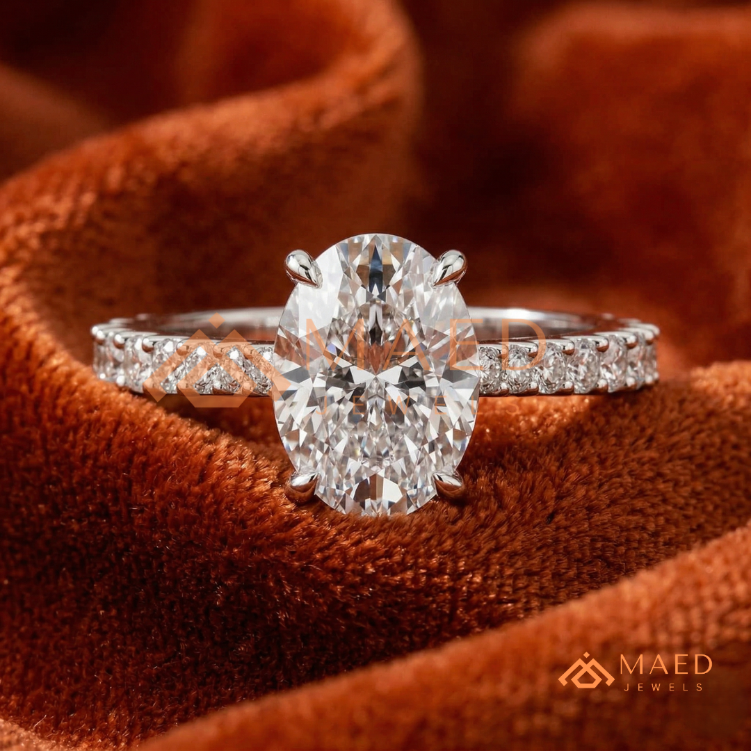 Oval Cut Engagement Ring with Shared Prong Band | 14k Gold, Rose Gold & Silver