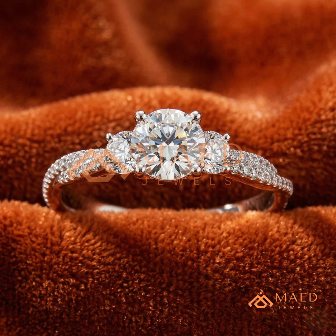 Round Cut 3-Stone Engagement Ring with Twisted Pavé Band in Silver, 14K Gold, & 14K Rose Gold