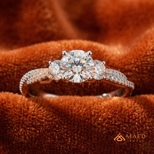 Round Cut 3-Stone Engagement Ring with Twisted Pavé Band in Silver, 14K Gold, & 14K Rose Gold