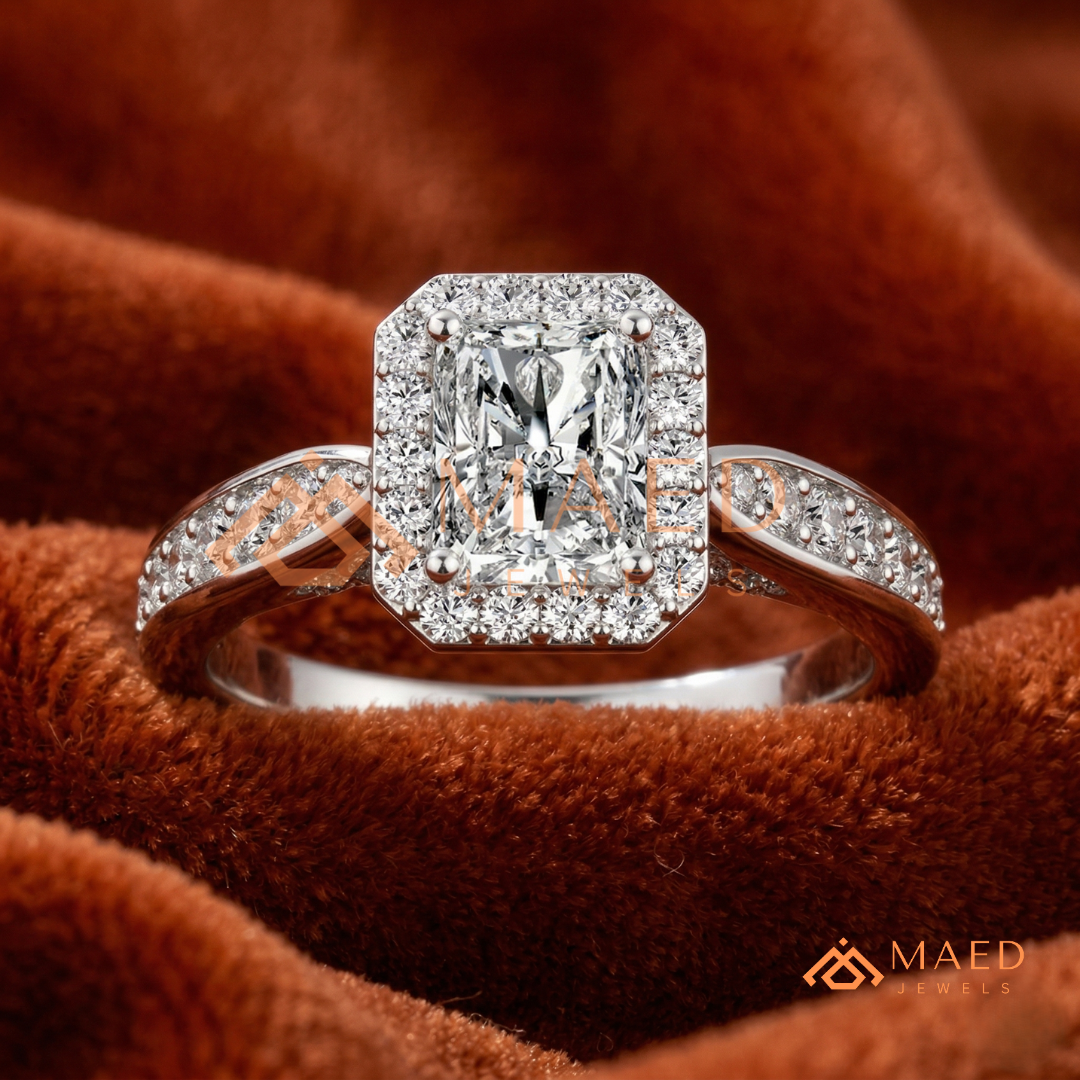 Radiant Cut Rectangular Halo Engagement Ring with Twisted Pavé Band