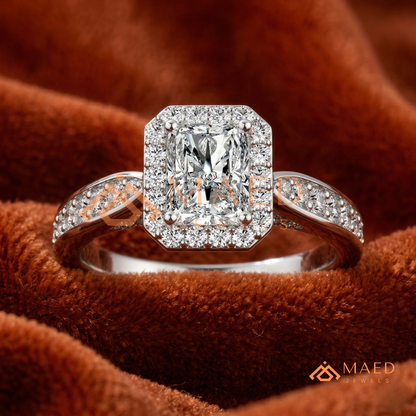 Radiant Cut Rectangular Halo Engagement Ring with Twisted Pavé Band