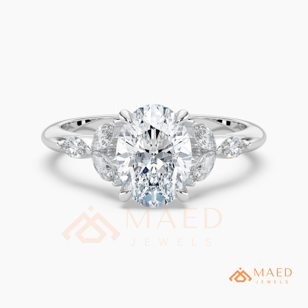 Oval Cut Marquise Cluster Engagement Ring | Nature Inspired Floral Wedding Ring | 14K Gold, Rose Gold & Sterling Silver