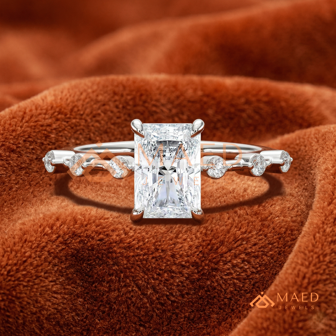 Radiant Cut Moissanite Engagement Ring in Sterling Silver, 14K Gold & Rose Gold | Art Deco Bezel-Set Accent Band
