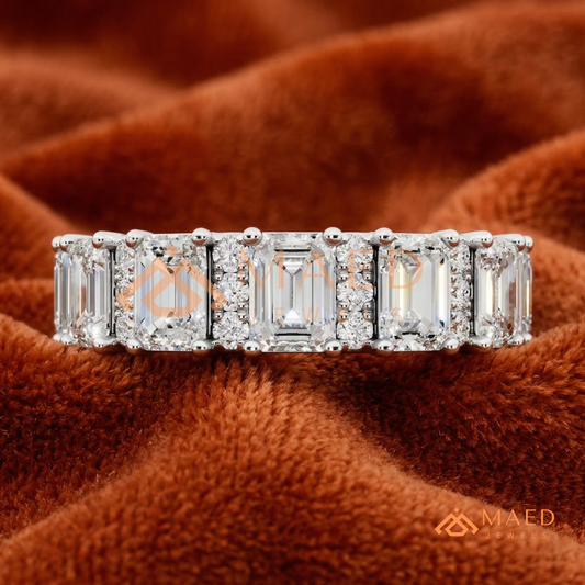 Alternating Emerald and Round Cut Half Eternity Ring – Modern Vintage Wedding Band