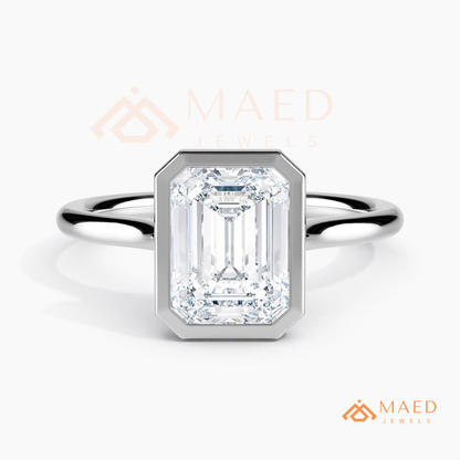 Modern Emerald Cut Solitaire Bezel Engagement Ring in Silver, 14K Gold & Rose Gold