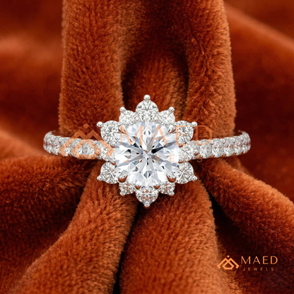 Vintage Starburst Halo Round Cut Engagement Ring with Pave Band in Silver, 14K Gold & Rose Gold