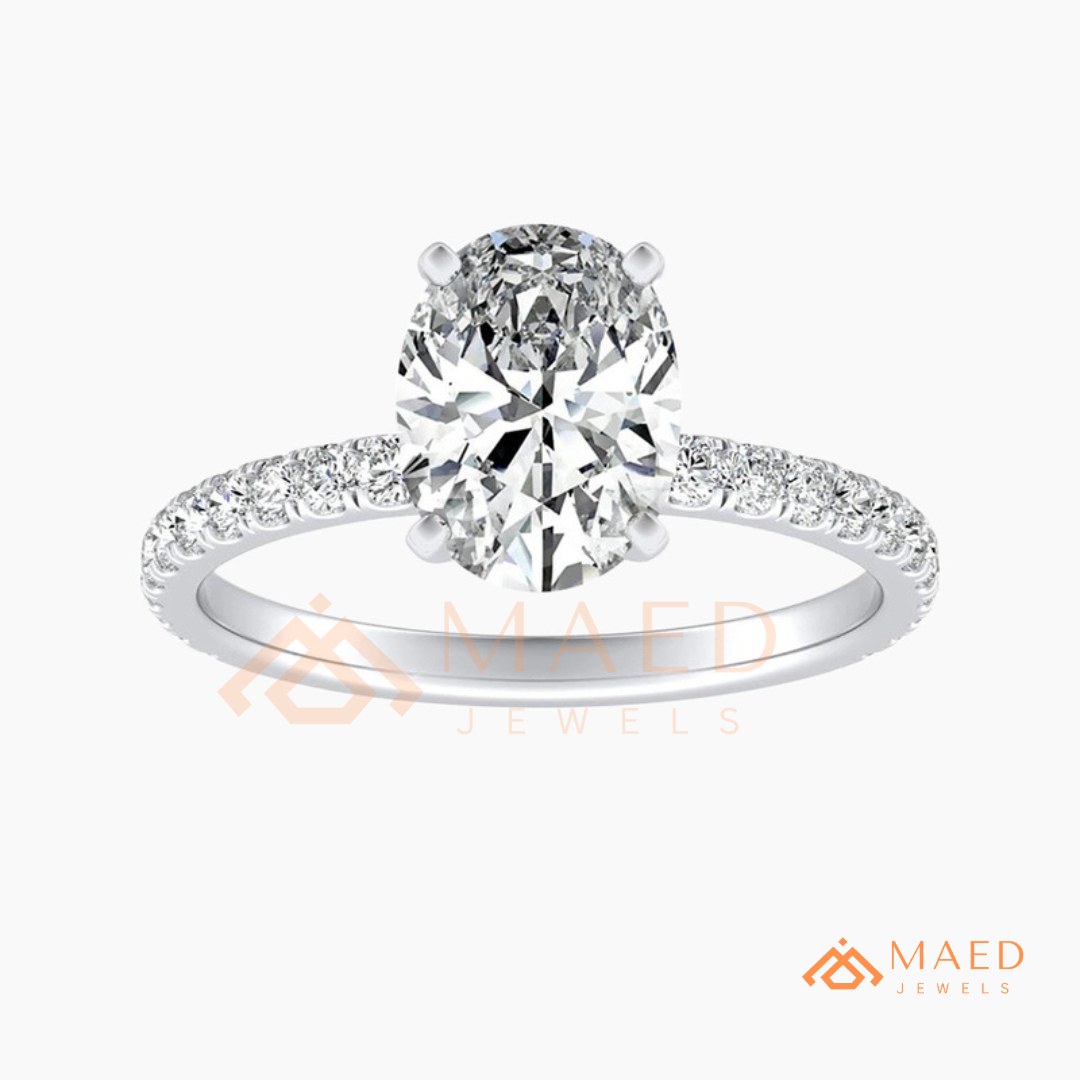 Oval Cut Moissanite Engagement Ring in 14K Gold, Rose Gold & Sterling Silver | Pave Diamond Simulant Wedding Band