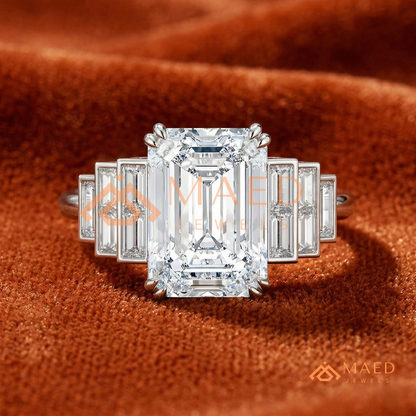 Radiant Cut Rectangular Halo Ring with Dome Triple-Row Pavé Band