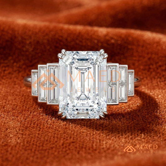 Radiant Cut Rectangular Halo Ring with Dome Triple-Row Pavé Band