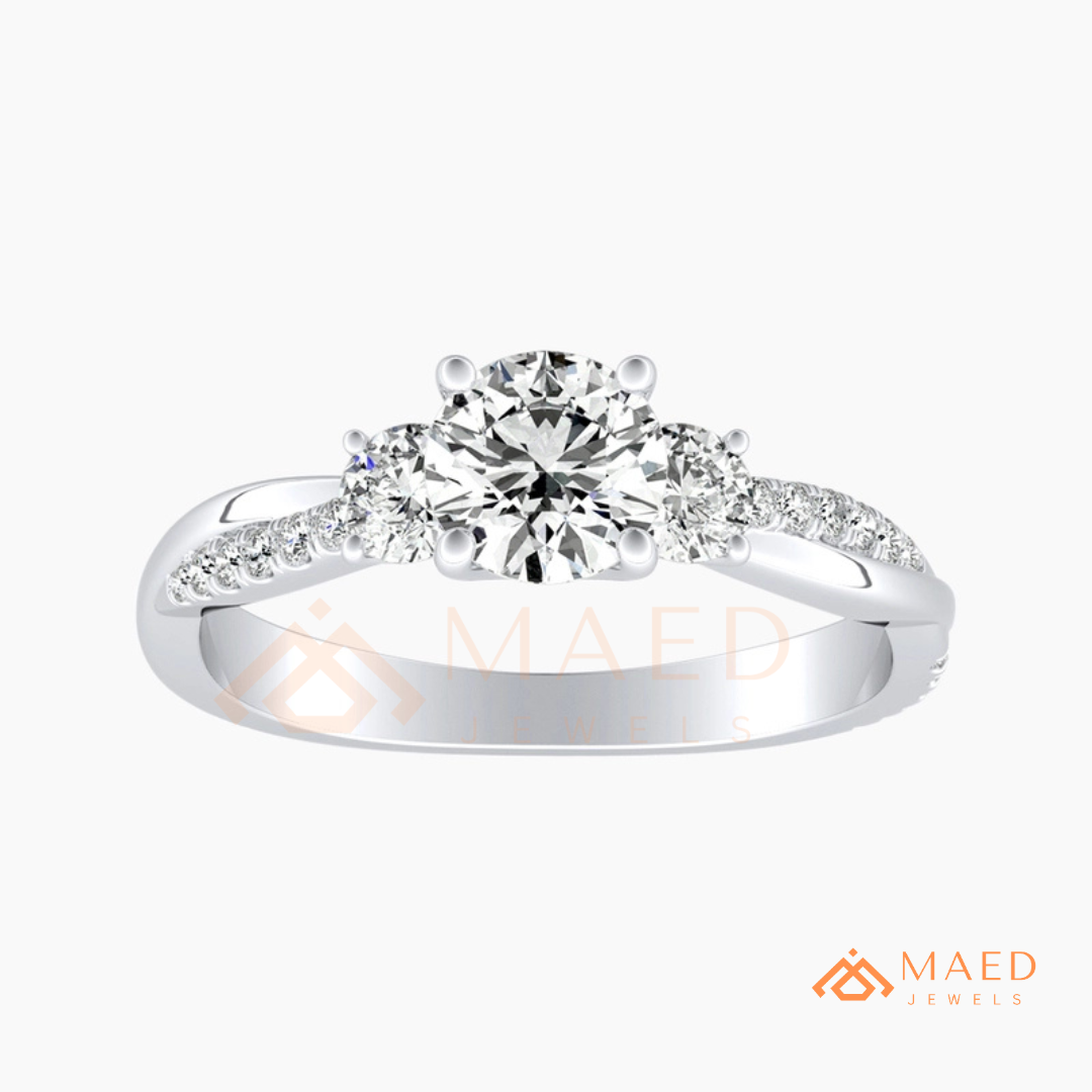 Classic 3-Stone Twisted Pavé Diamond Simulant Ring in Gold, Rose Gold & Silver