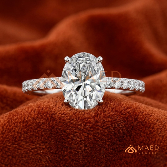 Oval Cut Moissanite Engagement Ring in 14K Gold, Rose Gold & Sterling Silver | Pave Diamond Simulant Wedding Band