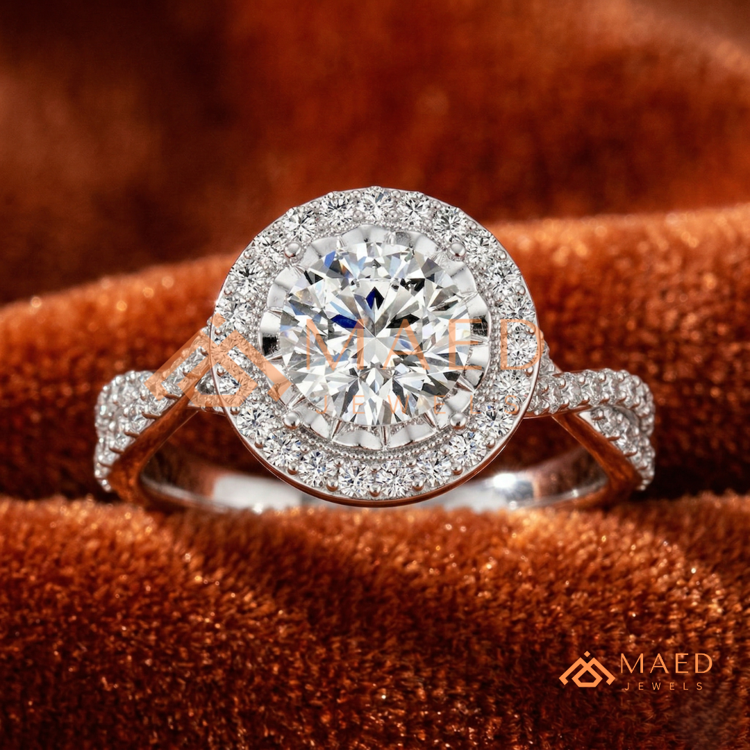 Round Halo Engagement Ring with Twisted Pavé Band – Sterling Silver, 14K Gold, or 14K Rose Gold