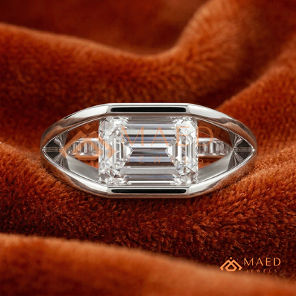 East West Emerald Cut Engagement Ring | Modern Architectural Bezel Ring | 14K Gold, Rose Gold & Sterling Silver