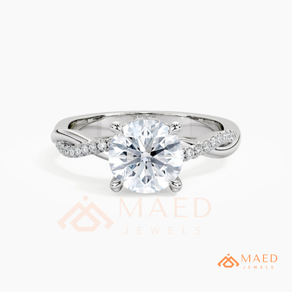 Round Cut Engagement Ring with Twisted Pavé Band in Silver, 14K Gold, & 14K Rose Gold