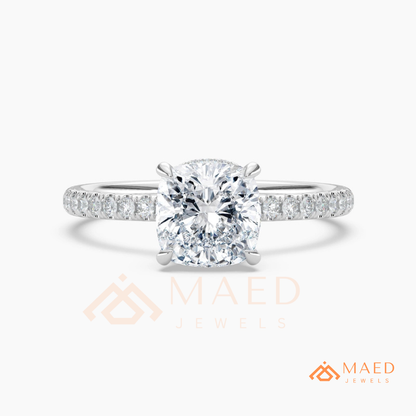 Brilliant Cushion Cut Engagement Ring | Pavé Diamond Band in 14K Gold, Rose Gold & Sterling Silver