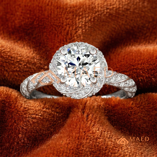 ound Cut Halo Twisted Band Promise Ring (Silver, 14K Yellow/Rose Gold)