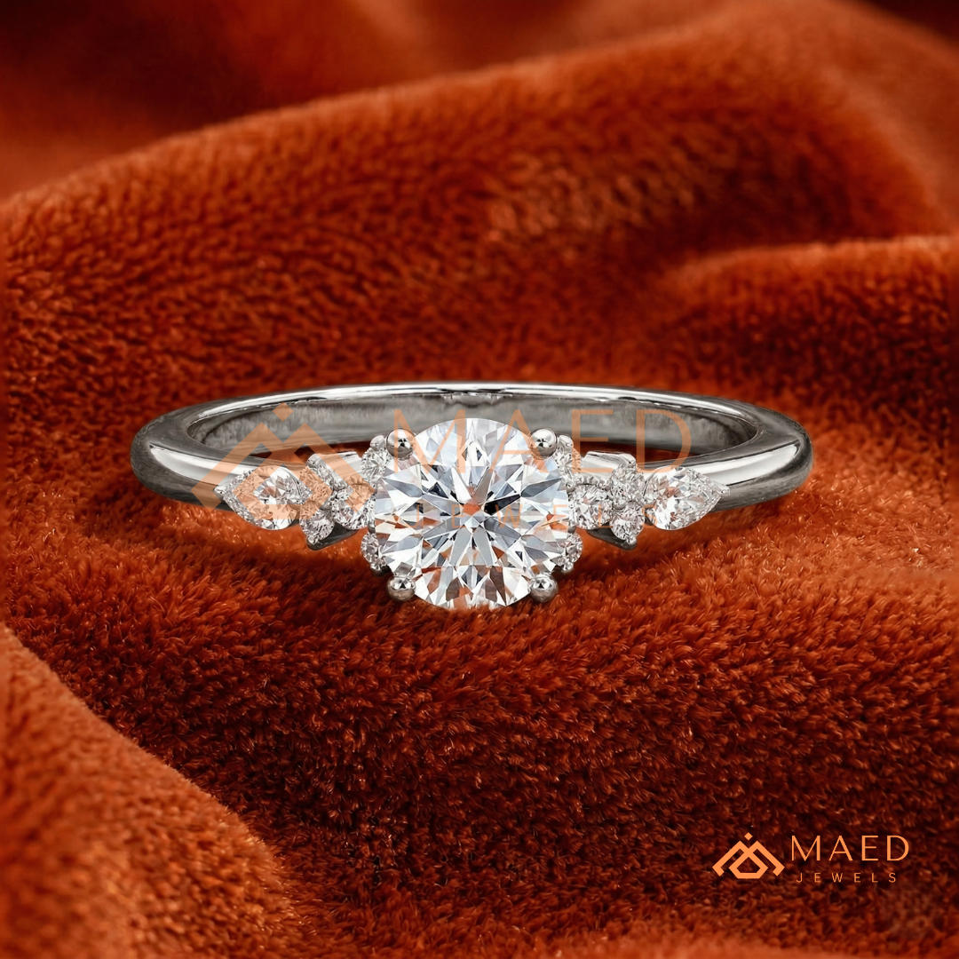 Round Cut Cluster Engagement Ring in 14K Gold, Rose Gold & Silver | Vintage Pear Accent Moissanite Ring for Women