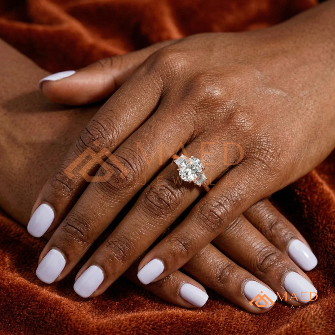 Classic Oval Cut 3-Stone Engagement Ring with Trapezoid Side Gems