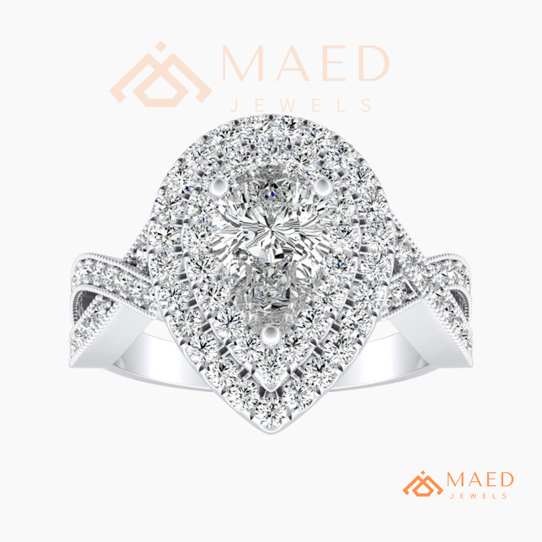 Double Halo Pear Cut Engagement Ring with Twisted Pave Band