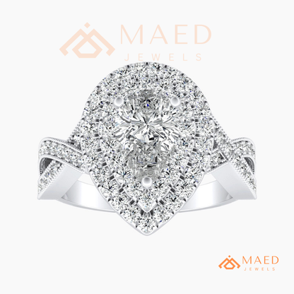 Double Halo Pear Cut Engagement Ring with Twisted Pave Band