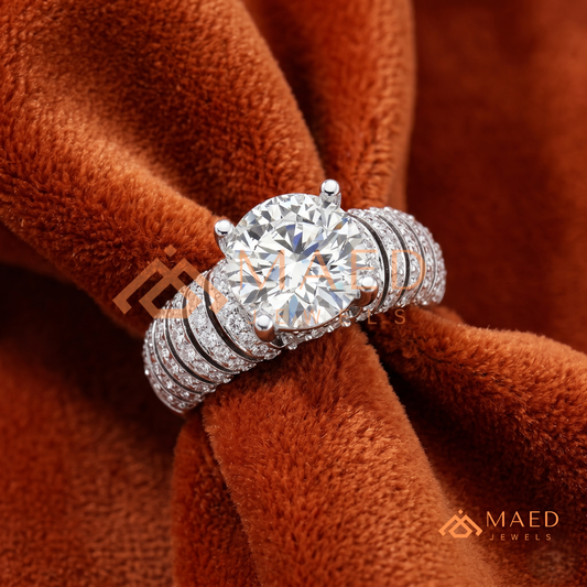 Round Cut Multi-Row Pave Engagement Ring in 14K Gold, Rose Gold & Sterling Silver | Wide Band Statement Cocktail Ring