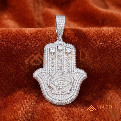 Iced Out Hamsa & Evil Eye Protective Pendant – Symbolic Statement Medallion