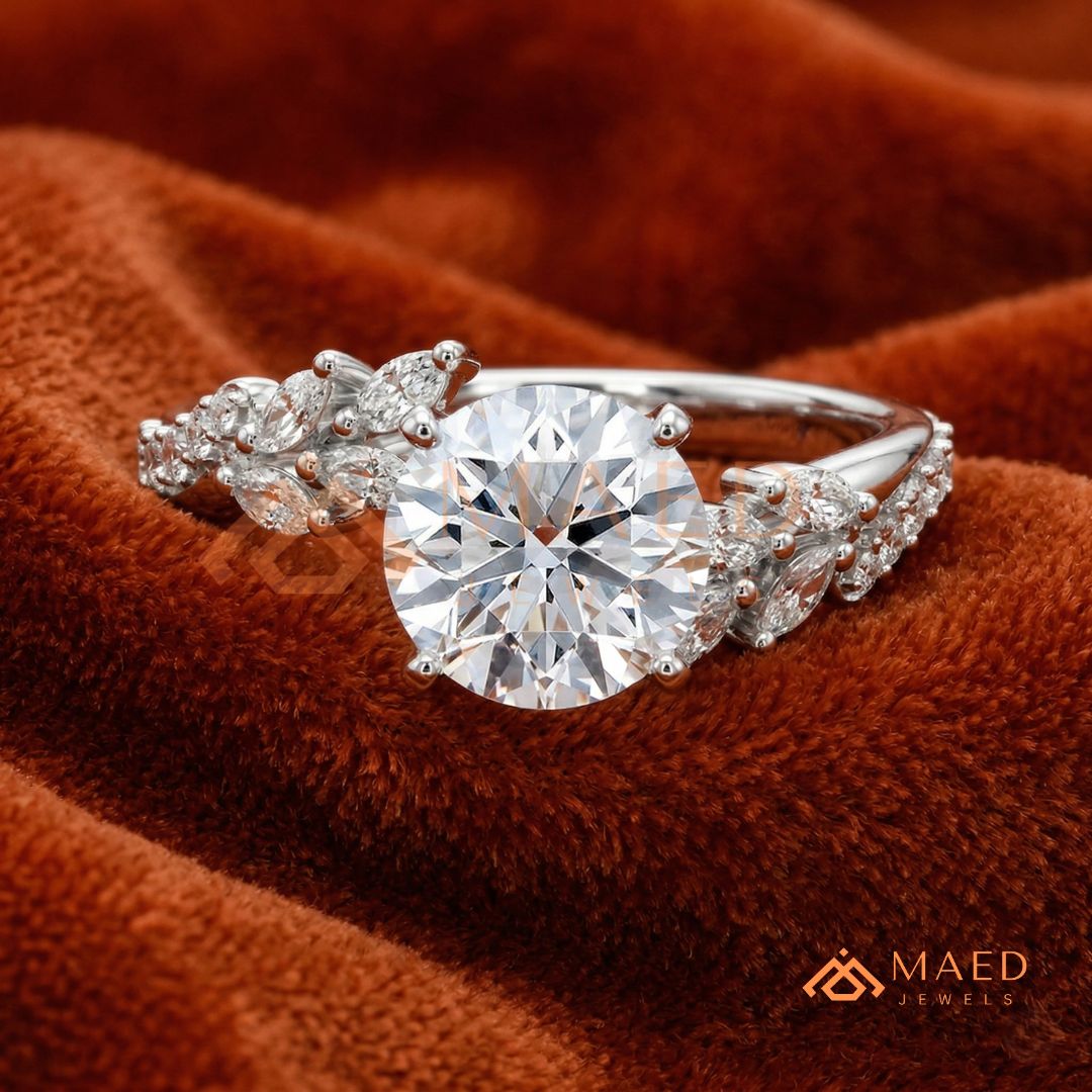 Round Cut Moissanite Nature Inspired Engagement Ring in 925 Sterling Silver, 14K Gold & 14K Rose Gold | Marquise Leaf Cluster Twisting Wedding Ring