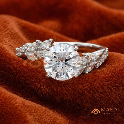 Round Cut Moissanite Nature Inspired Engagement Ring in 925 Sterling Silver, 14K Gold & 14K Rose Gold | Marquise Leaf Cluster Twisting Wedding Ring