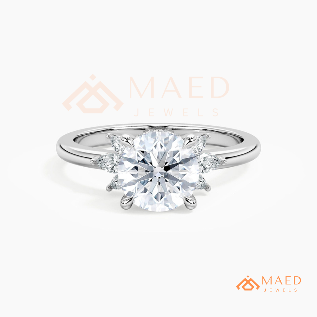 Round Brilliant Cut Ring with Marquise Floral Cluster | 14k Gold, Rose Gold & Silver