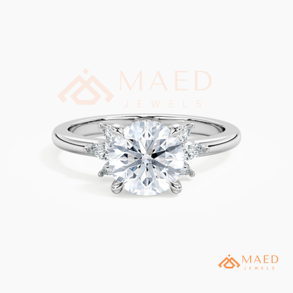 Round Brilliant Cut Ring with Marquise Floral Cluster | 14k Gold, Rose Gold & Silver