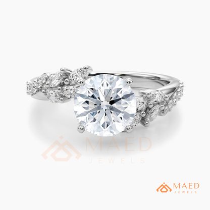 Round Cut Moissanite Nature Inspired Engagement Ring in 925 Sterling Silver, 14K Gold & 14K Rose Gold | Marquise Leaf Cluster Twisting Wedding Ring