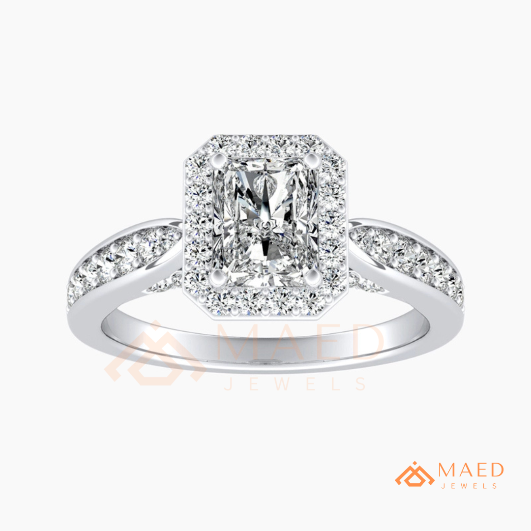 Radiant Cut Rectangular Halo Engagement Ring with Twisted Pavé Band