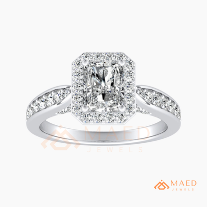 Radiant Cut Rectangular Halo Engagement Ring with Twisted Pavé Band
