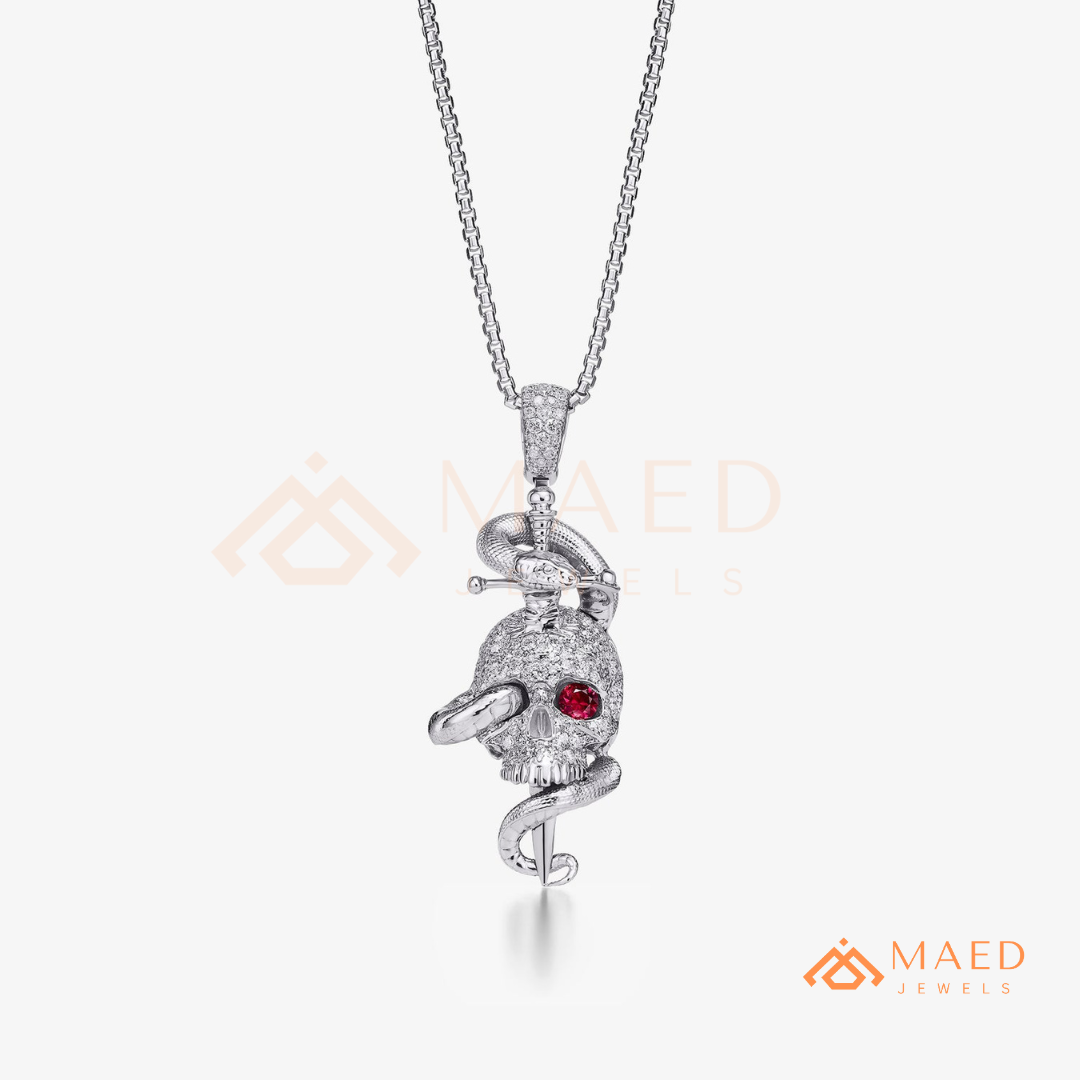 Fully Flooded Skull & Serpent Statement Charm – Ruby Red Eye Hip Hop Pendant