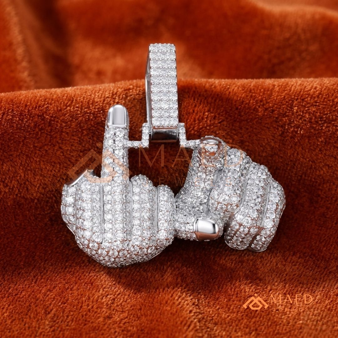 Ice Out Middle Finger Hand Gesture Pendant – Bold Statement Streetwear Jewelry