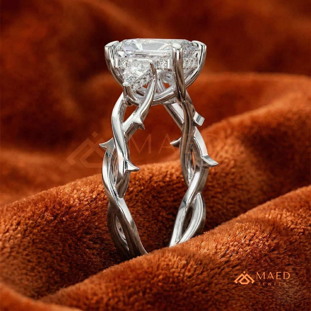 Nature-Inspired Radiant Cut Three-Stone Engagement Ring in Silver, 14k Gold, Rose Gold & Rose Gold