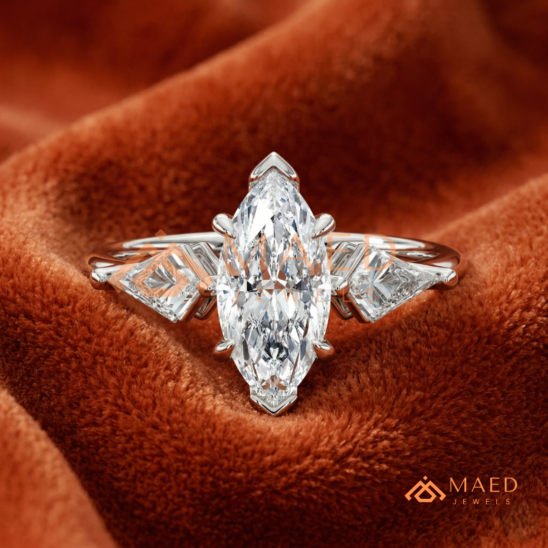 Marquise Cut Three Stone Ring with Kite Side Diamonds | 14k Gold, Rose Gold & Silver